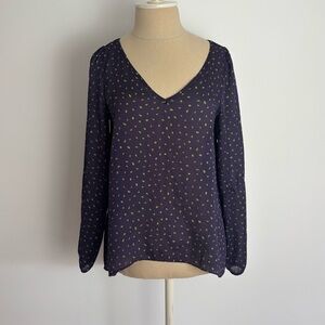 BCBGeneration Blouse Navy Green Sheer V Neck XXS